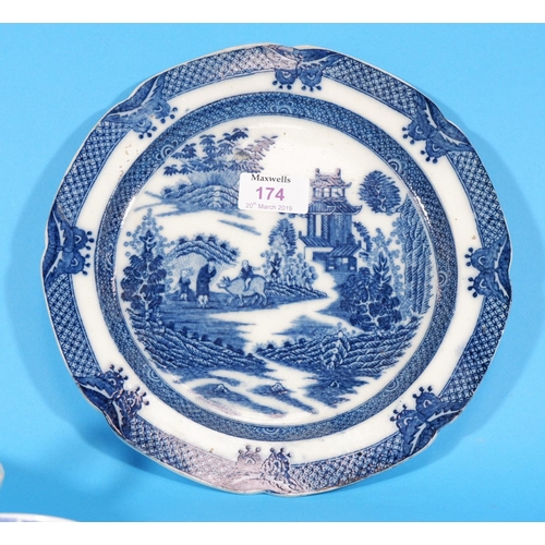 174 - An early 19th century pearlware plate with blue transfer printed depiction of an oriental figure rid... 