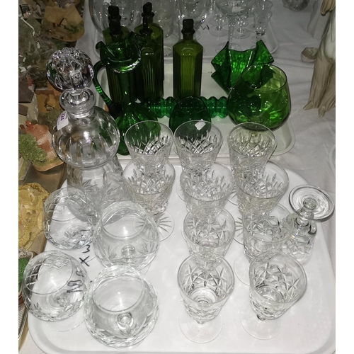 224 - A cut glass thistle decanter; a selection of cut glasses; a quantity of green glass