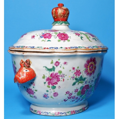 234b - An 18th century Chinese porcelain covered tureen of oval form decorated in the famille rose manner, ... 