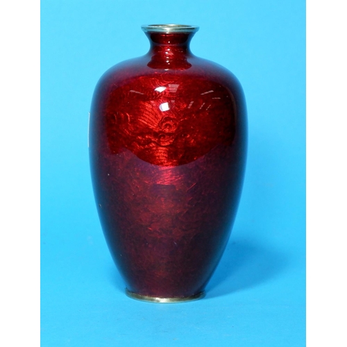235c - A Japanese baluster ginbari cloisonné vase, red enamel on  white metal, engraved 3 character signatu... 