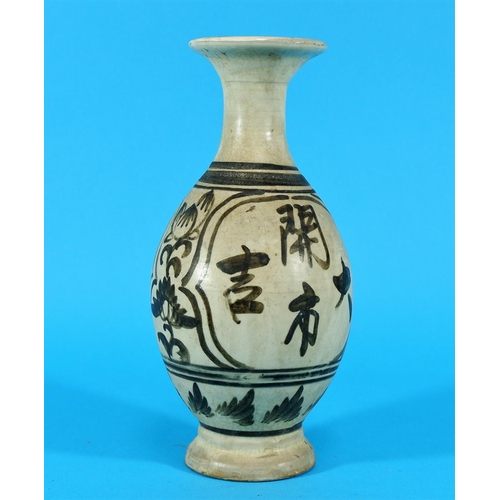 236c - A Chinese stoneware baluster vase, buff coloured and decorated with flowers, characters, etc., in bl... 