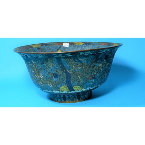 237a - A Chinese large cloisonné bowl decorated with horses against a blue ground, raised brass seal mark t... 