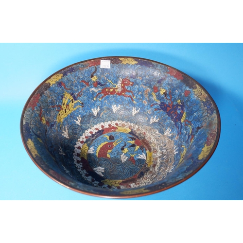 237a - A Chinese large cloisonné bowl decorated with horses against a blue ground, raised brass seal mark t... 