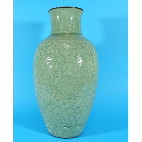 237d - A Chinese large baluster vase, celadon glaze decorated with leaves and flowers, length 16