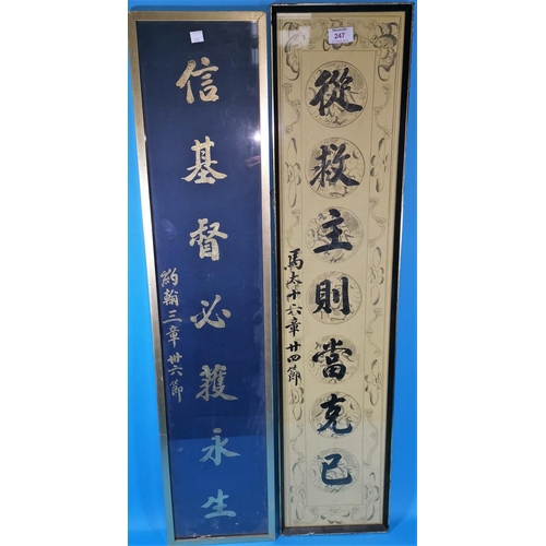 247 - Two Chinese rectangular panels decorated with characters, framed and glazed