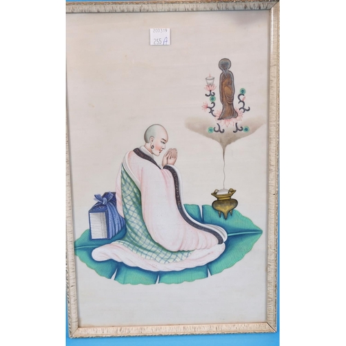 255a - A 19th century Chinese watercolour on rice paper depicting a kneeling monk on lotus leaf and deity i... 