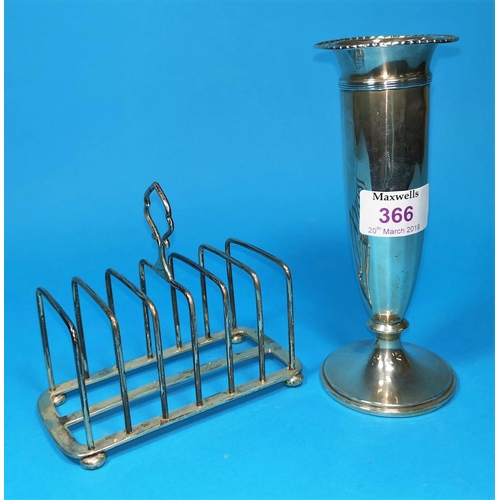 366 - A hallmarked silver toast rack, Birmingham 1936, 5.75oz. and a hallmarked silver stem vase with weig... 