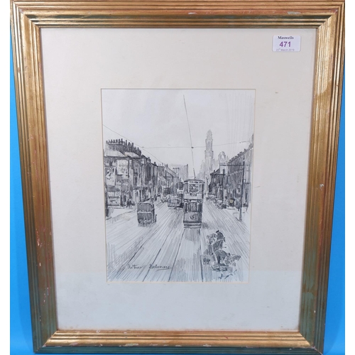 471 - Arthur Delaney:  pencil sketch, tram and other vehicles on Oxford Road, Manchester, 11.5