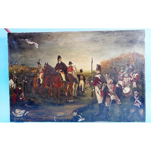 472 - 19th Century English School:  oil on canvas, the Duke of Wellington on horseback with troops, before... 