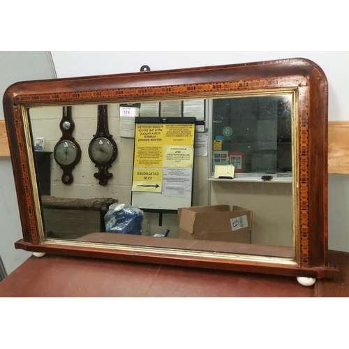 514 - A Victorian overmantel mirror in walnut and Tunbridgeware frame, on china feet