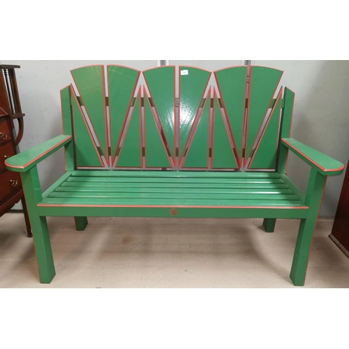 558 - An Art Deco style conservatory settee/bench in green with red highlights by Graydon Design