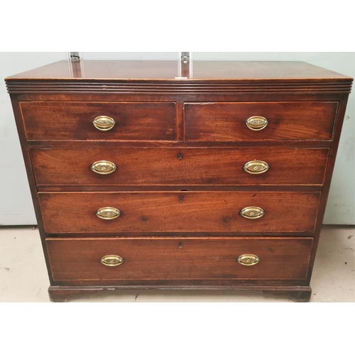 595 - A Georgian mahogany chest of 3 long and 2 short drawers, with oval brass drop handles, on bracket fe... 