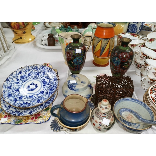 203 - A 1930's Clarice Cliff vase (a.f.); a selection of china and glass; cloisonné; silver plate; etc