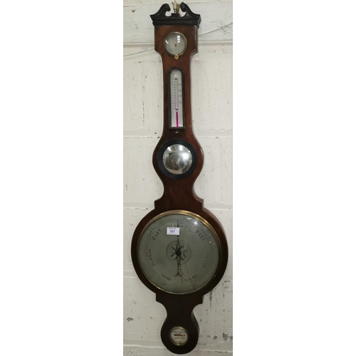 397 - An early 19th century mercury column barometer in banjo shaped mahogany case, with level, mirror, th... 