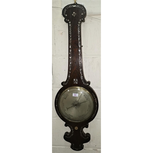 398 - An early 19th century mercury column barometer in banjo shaped rosewood case with mother-of-pearl in... 