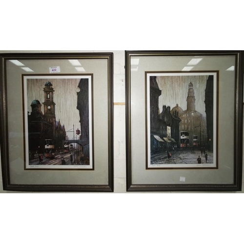422 - Arthur Delaney:  Manchester street scenes with tram cars, artist signed proofs, framed and glazed