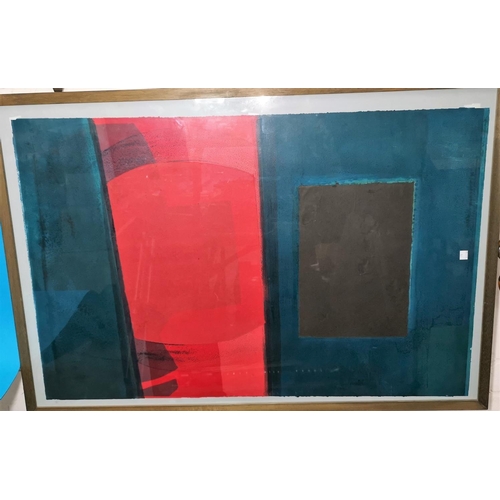 425B - Susie Wilson (Scottish): mixed media abstract image in red, blue and black, signed in pencil, 24