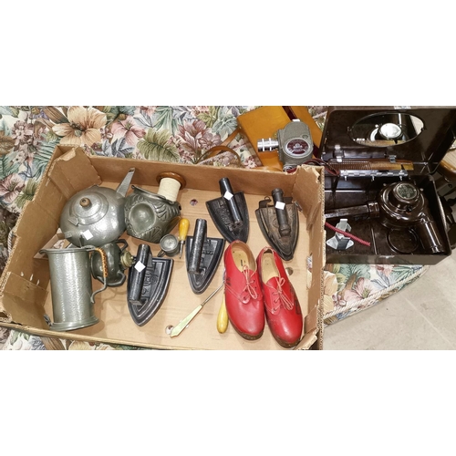 418 - A selection of pewter; a vintage cine camera and hair dryer; 4 flat irons; red clogs; other collecto... 
