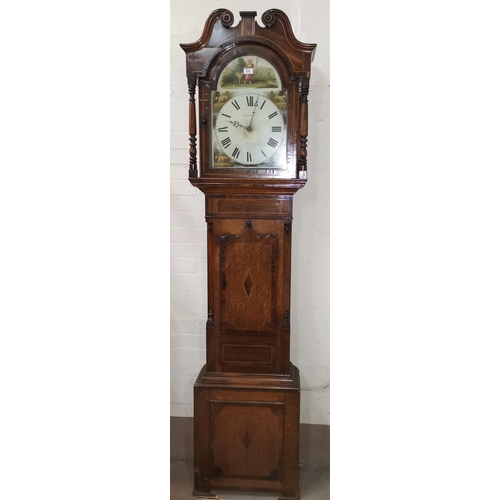 529 - An early 19th century longcase clock in inlaid crossbanded oak, the hood with swan neck pediment and... 