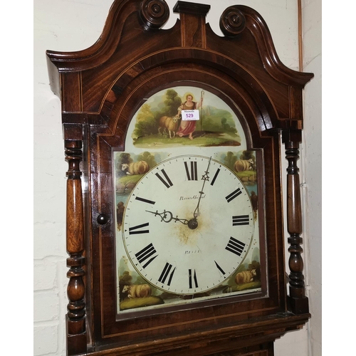 529 - An early 19th century longcase clock in inlaid crossbanded oak, the hood with swan neck pediment and... 