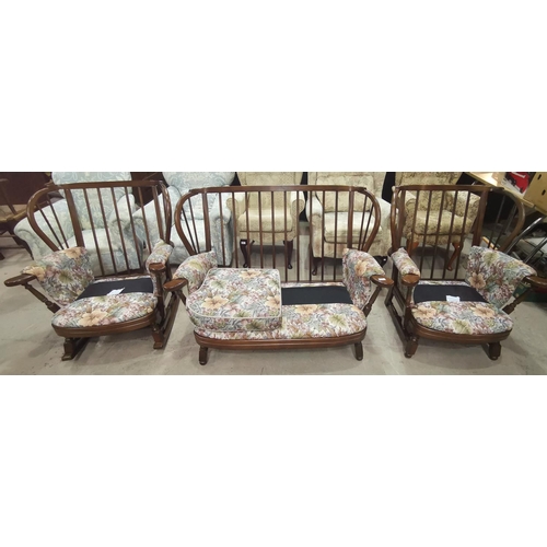 579 - An Ercol style 4 piece cottage suite with wooden frames and floral tapestry upholstery, comprising 2... 