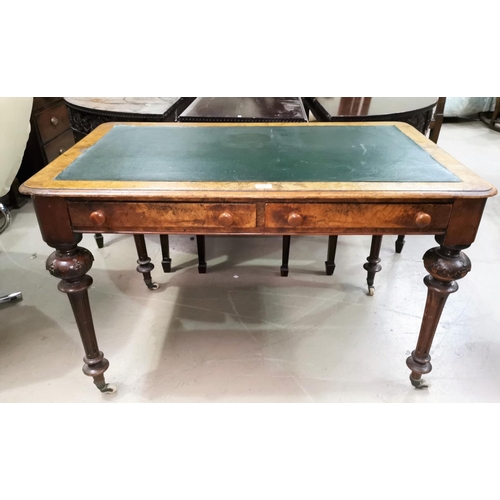 601 - A Victorian burr walnut square writing table with green inset leather effect top, 2 frieze drawers, ... 