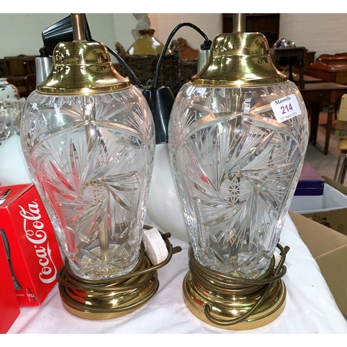 214 - A pair of heavy crystal and gilt metal table lamps