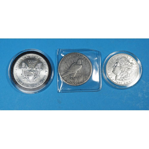 336 - USA:  $1 fine silver 1989 and 2 silver dollars 1890 & 1929