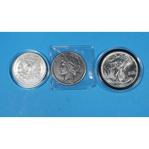 336 - USA:  $1 fine silver 1989 and 2 silver dollars 1890 & 1929