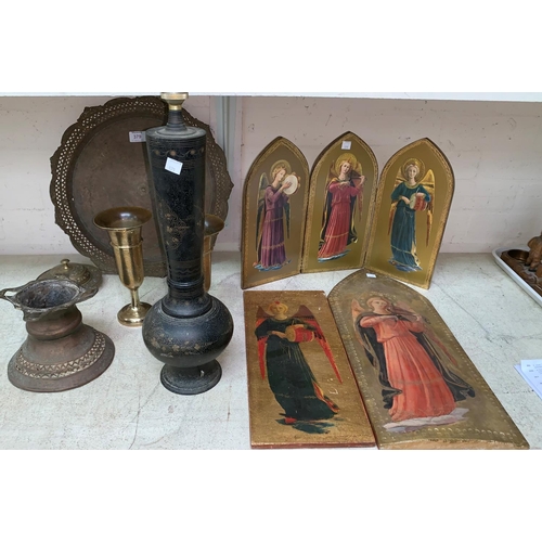379 - A reproduction triptych with angels; similar panels; Middle Eastern brassware; etc.