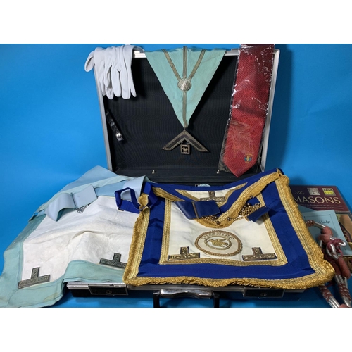 380 - An attaché case with 2 masonic aprons; sashes; regalia; instruction books; etc.
NO BIDS - SOLD WITH ... 