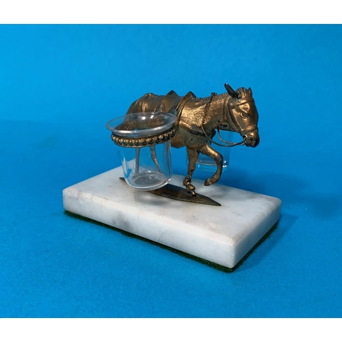 391 - A small gilt bronze salt in the form of a donkey with 2 glass panniers, on white marble base, height... 