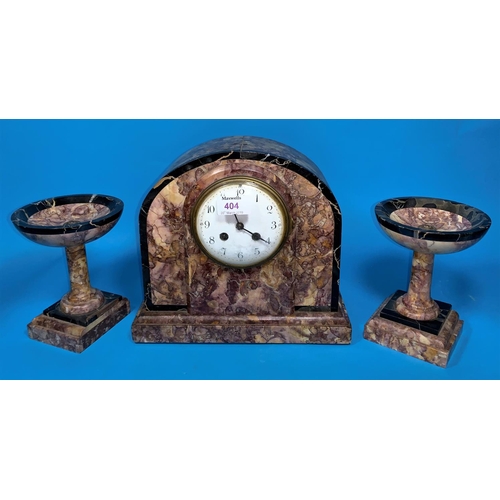 404 - A 19th century French 3 piece garniture in variegated marble, with central clock striking on bell, a... 