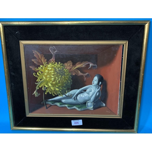 406 - J Robert Tuson:  oil on board, surreal still life, with dragon flower and porcelain figure, signed T... 
