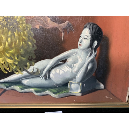 406 - J Robert Tuson:  oil on board, surreal still life, with dragon flower and porcelain figure, signed T... 