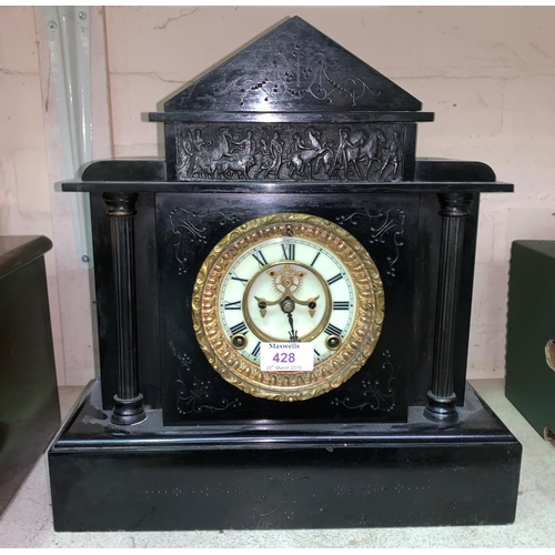 428 - A 19th century mantel clock in black marble architectural case, with visible escapement and French s... 