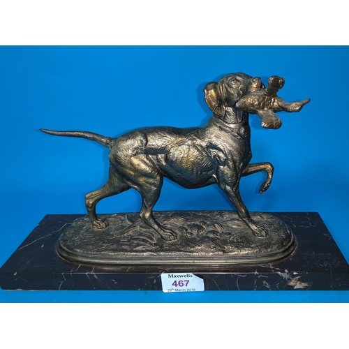 467 - V Dion:  gilt metal group, spaniel with water fowl, signed on marble plinth, length 9.5