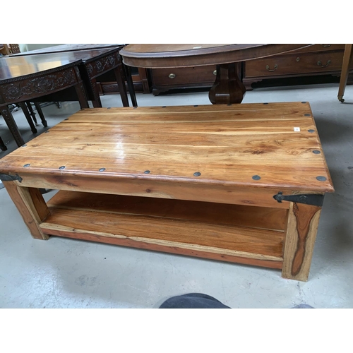 630 - A large 2 tier rectangular coffee table hardwood in rustic hardwood; a similar mirror
