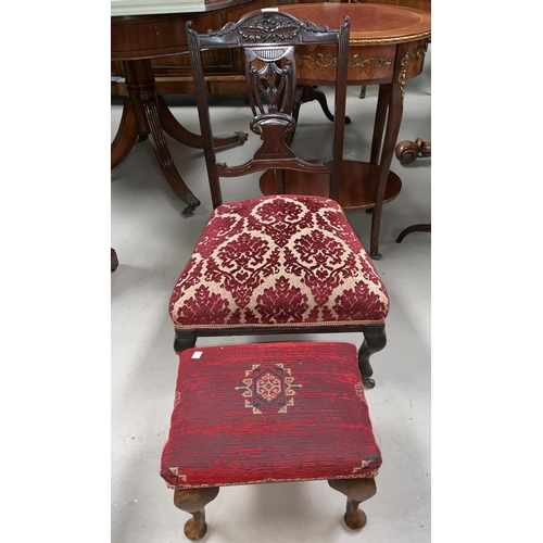 588 - An Edwardian carved mahogany nursing chair with pierced splat and embossed red seat; a child's bentw... 