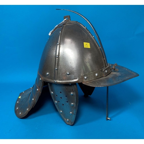 389C - An English Civil War riveted steel ‘lobsterpot’ reproduction helmet, 13”