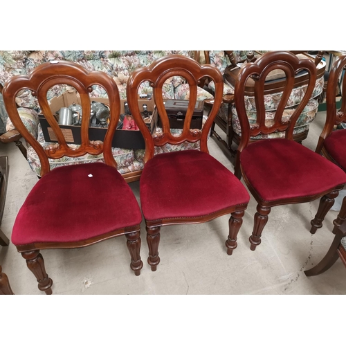 615 - A set of 8 19th century style mahogany double balloon back dining chairs with wine velvet seats and ... 