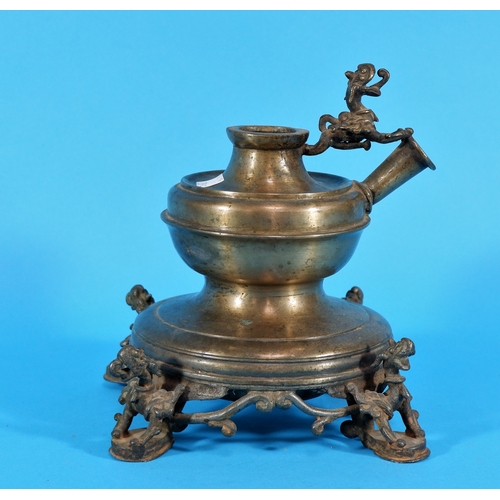 239b - A 19th century Chinese bronze hookah pipe base with mythical best mounts and feet, height 8