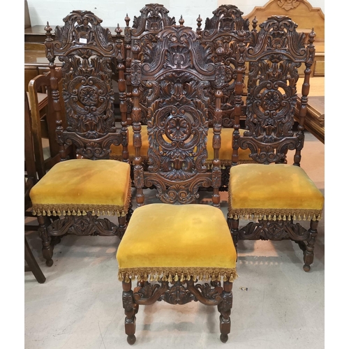 574 - A set of 5 19th century Carolean style oak dining chairs, with extensively caved high backs