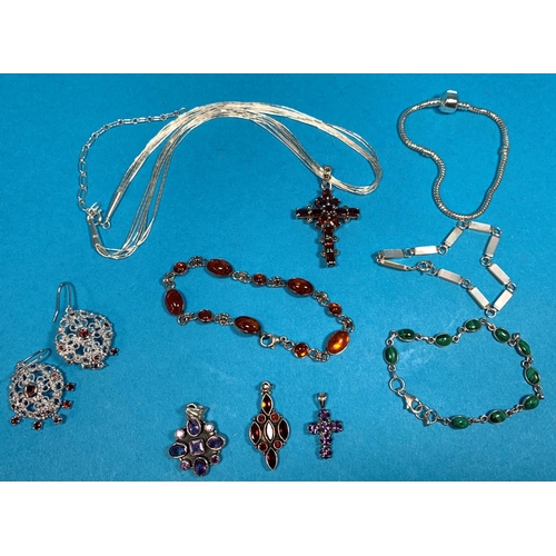 326 - A selection of modern white metal jewellery, including 4 bracelets with coloured stones; 4 pendants;... 