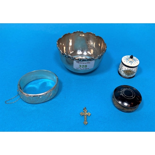 328 - A silver bowl, 3 oz; a silver stiff hinged bangle; etc.
