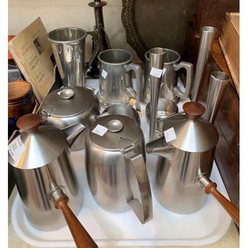 350 - A 1960's stainless steel triple specimen vase by Robert Welsh; a similar pair of coffee pots; a WMF ... 