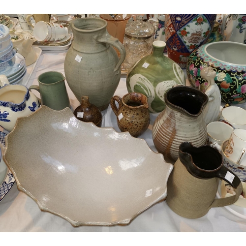198 - A large stoneware 2-handled vase; a bread mug; stoneware and studio pottery