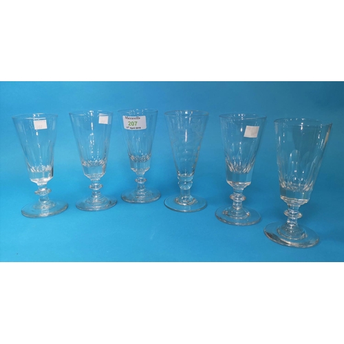 207 - A set of 5 19th century slice cut ale glasses, 14.5 cm; a similar conical glass with engraved decora... 