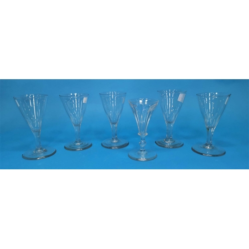 208 - A set of 5 19th century slice cut conical wine glasses with octagonal stems, 13 cm; a similar glass