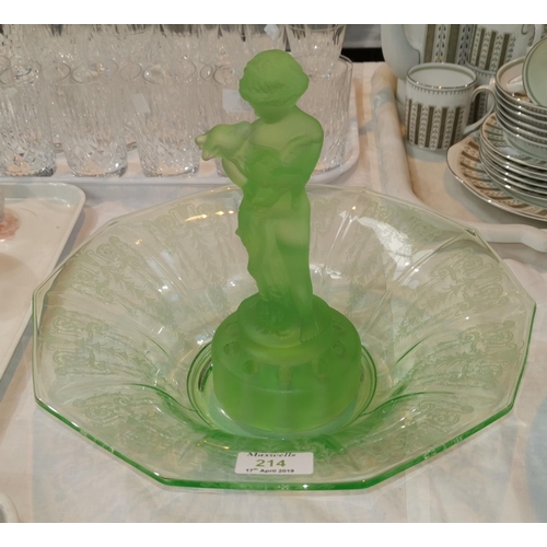 214 - A USA Cambridge green glass Cleo fruit bowl with frosted glass figural centrepiece:  The Two Kids fi... 
